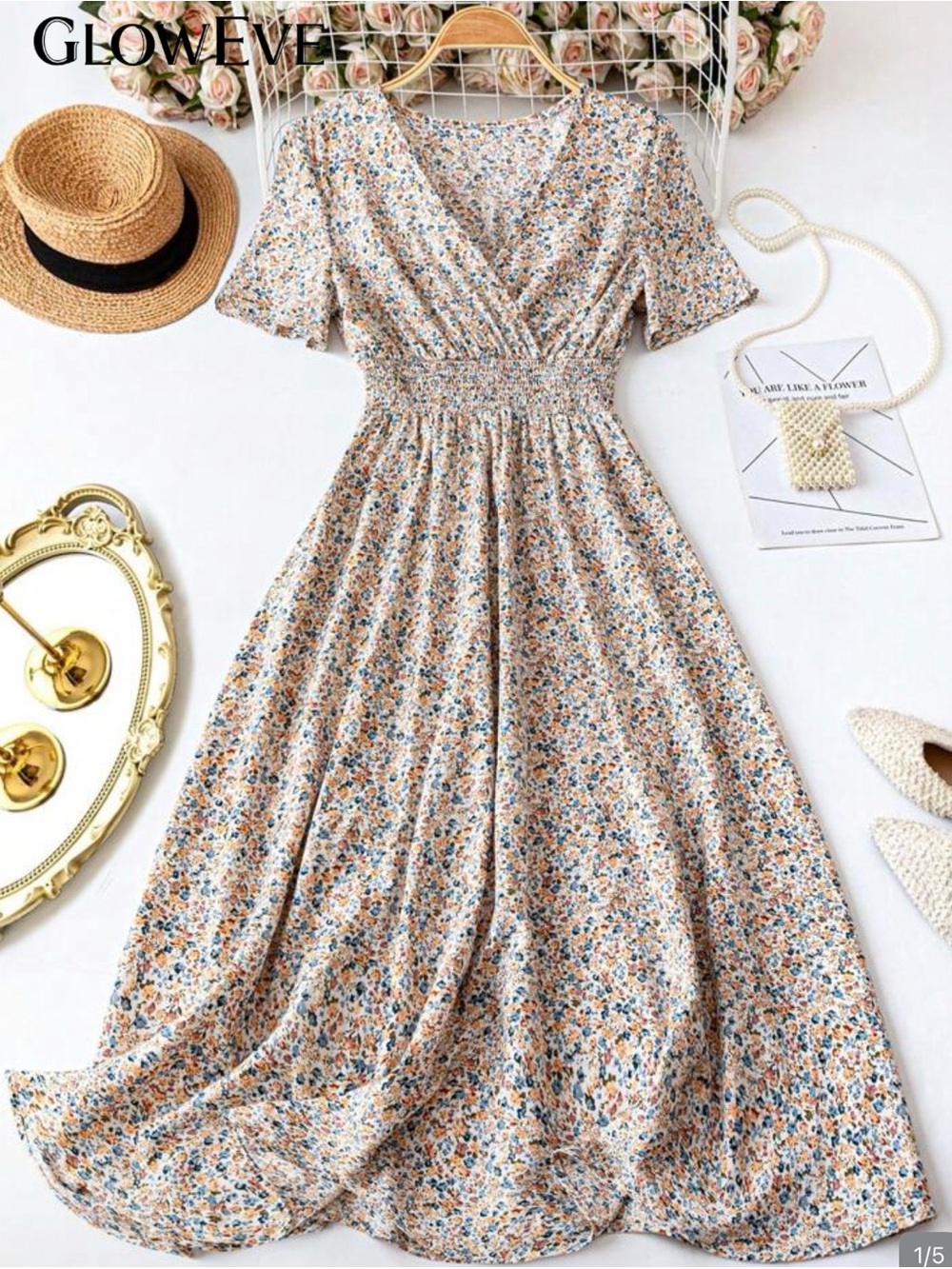 SHEIN Floral V-Neck Smocked Midi Dress in Cream, Blue, and Tan
